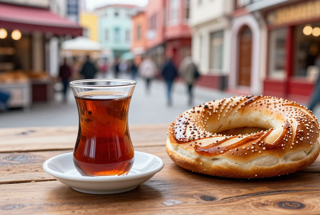 فنجان چای ترکی و سیمیت روی میز در جادهای رنگارنگ استانبولی